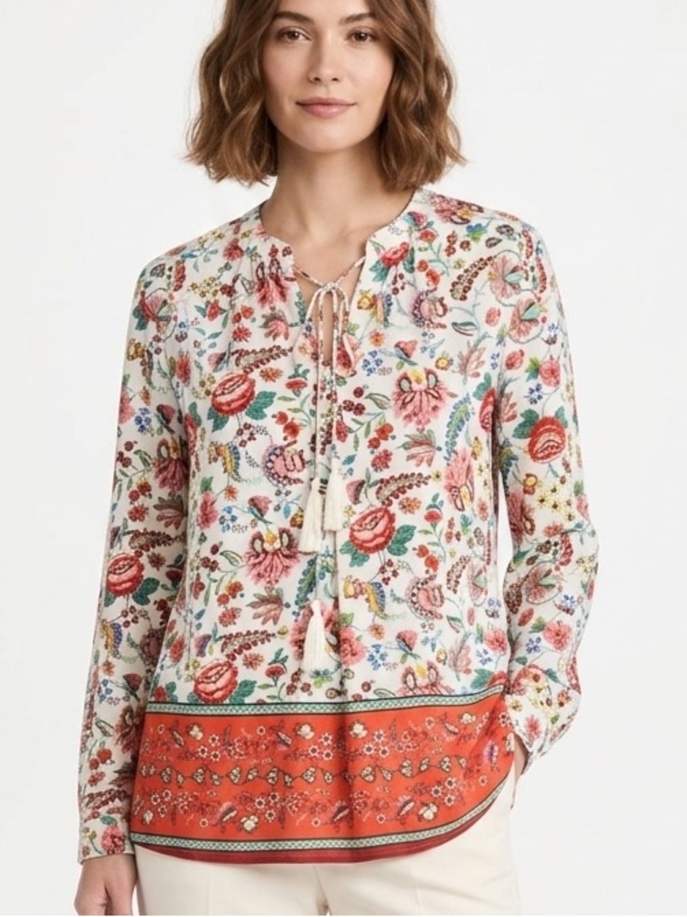 ROSE + OLIVE Long Sleeve Flowy Floral Boho Hippy Blouse Top Drawstring Tassel XL